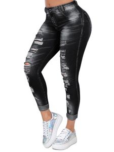 Damen Ripped Frayed Jeans Denim Lange Hosen Skinny Schlank Passen Hose Übergröße,Farbe:Schwarz,Größe:2XL