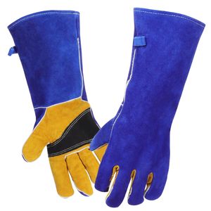 Schweißhandschuhe Hitze -resistenter Handschuh Lederhandschuhe 40 cm für Ofen/Grill/Kamin/Ofen/Herd/Topfhalter/Grill/Haustierhandling(Blau)