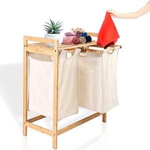 Wäschekorb mit 2 Fächern Holz Wäschesammler Bambus Aufbewahrungskorb Regal Korb laundry baskets ausziehbarer Wäschekorb