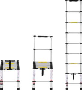 Drabina teleskopowa VEVOR, aluminiowa drabina teleskopowa 2,6 m, składana za pomocą jednego przycisku, udźwig 160 kg, odpowiednia do domu, kampera i na strych