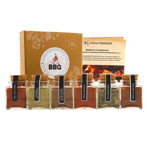 Krautberger BBQ Geschenkbox für Männer I 6 Grillgewürze Grill Geschenk Premium Box I Geschenkset Barbecue Gewürzmischungen in B I O Qualität + Rezepte