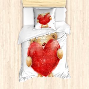 ABAKUHAUS Bär Mantele, Romantisches Mascot Red Heart, Milbensicher Allergiker geeignet mit Kissenbezügen, 135 cm x 200 cm - 80 x 80 cm, Sand, Braun, Rot