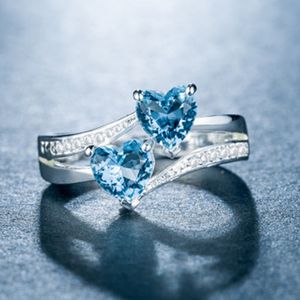Damen-Ring, doppeltes Herz, funkelnder Zirkonia, modisches Aussehen, Fingerband für Party-Blau,US 7