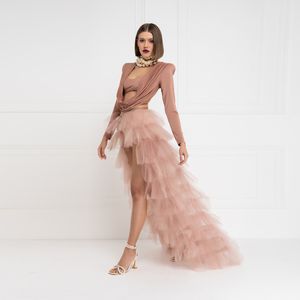 Blush Pink Rüschen Tiered Long Maxi Röcke Frauen sehen durch Tüll über Wickelröcke Boho abnehmbare Schleppe
