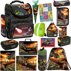 Schulranzen XXL Set 15er Ranzen Tornister Federmappe Turnbeutel Gummizugmappe Schürze Brotdose Trinkflasche Aufgabenheft Dinosaurier Dino Motiv