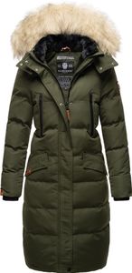 Marikoo Damen Winterjacke Langer veganer Parka Warm Stepp Mantel mit abnehmbarer Kapuze und Kunstfellkragen Schneesternchen Olive Gr: 36 - S