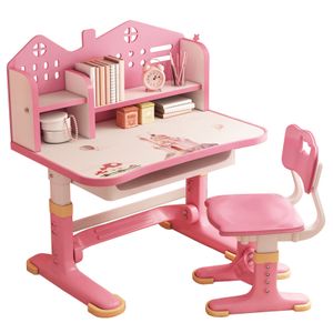 Funktioneller Schreibtischstuhl für Kinder, verstellbarer Kinderschreibtisch mit Schlossrückwand, Bücherständer und Aufbewahrungsschublade