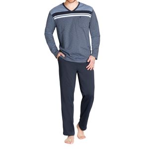 Hajo Klima Komfort Schlafanzug Bügelfreies Material mit mercerisierter Baumwolle, Lange Hose und Langarm-Shirt mit Brusttasche, Bequeme Passform