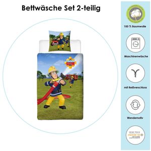 Feuerwehrmann Sam Wende Bettwäsche Set für Jungen · Kinderbettwäsche 135x200 80x80cm aus 100% Baumwolle · Motiv Mission mit Feuerwehr-Auto und Logo