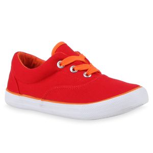 Mytrendshoe Kinder Sneakers Low Neon Turnschuhe Stoffschuhe Flats 78806, Farbe: Rot, Größe: 32