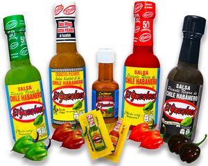 El Yucateco Scharfe Soße Set - 100% Mexiko - Grüne, Rote, Kutbil und Schwarze Sauce je 120ml und Caribbean Salsa Miniflasche 22ml (Pack von 5)