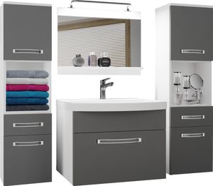BELINI Badmöbel Vollausstattung Set Waschbeckenschrank, 2x Hochschrank, Waschbecken, Spiegel, Lampe (Grau, Matt)