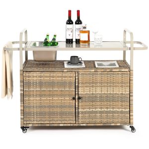 LVHOM Küchenwagen auf Rollen, Servierwagen Polyrattan mit Becken und Weinhalter, Kücheninsel mit Handtuchhalter, Beistellwagen Rollwagen, Beige
