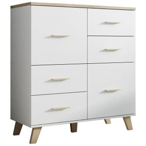 Furniture24 Kommode Lotta, 2 Türiger Wohnzimmerschrank, Schrank, Skandinavisch, Briliant Weiß, Hochschrank, Anrichte, Highboard mit 4 Schubkästen