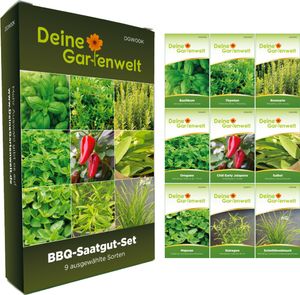 BBQ Saatgut Set - 9 Sorten Samen - Saatgut Sortiment - Anzuchtset für Grillkräuter - Geschenkset - Basilikum, Thymian, Rosmarin, Oregano, Jalapeno, Salbei, Majoran, Estragon und Schnittknoblauch