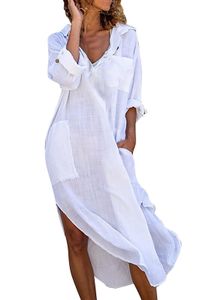 ASKSA Damen Elegant Kleider Einfarbig Lang Hemdkleid Midi Tunika Sommerkleider mit Taschen, Weiß, XL