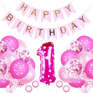 Geburtstagsdeko 1 Jahr Mädchen, Deko 1. Geburtstag, Luftballon pink Konfetti zum 1. Geburtstag Party Kindergeburtstag Happy Birthday Dekoration Erster Geburtstag