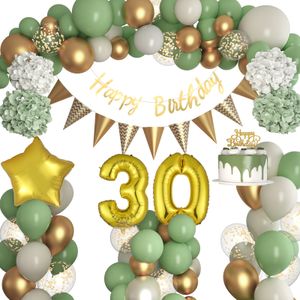 Unique 30. Geburtstag Party Deko Set, Happy Birthday + Zahl 30 Ballons + Avocado Grüne Gold Luftballons + Pompoms für Geburtstagsdeko Männer Frauen