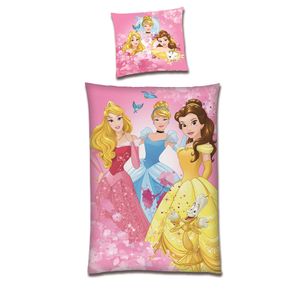 Disney Prinzessinnen Winter-Bettwäsche Set (2-tlg.) · Mädchenbettwäsche 135x200 80x80 cm · Rosa Fleece-Bettwäsche mit Cinderella, Dornröschen und Belle mit Reißverschluss
