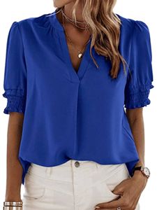 Damen Bluse V-Ausschnitt Hemden Arbeit Oberteile Lose Einfarbig Lässige Tunika Tops Blau,Größe:2Xl