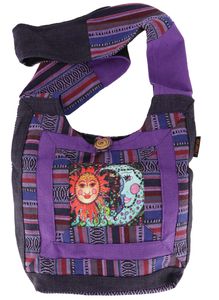 Schultertasche, Hippie Tasche, Goa Schulterbeutel mit Sonne, Mond - Violett, Uni - Erwachsene, Baumwolle, 30*30*8 cm, Alternative Umhängetasche, Handtasche aus Stoff