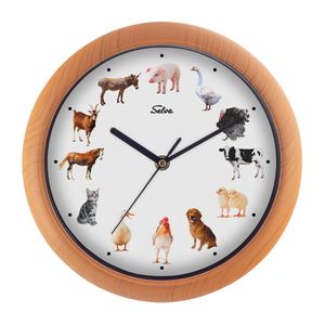 SELVA Tieruhr, Wanduhr, mit Tierlauten zu jeder Stunde und farbenfrohe Illustrationen, Gehäuse aus Kunststoff, Holzoptik, Farbe:Bauernhoftiere