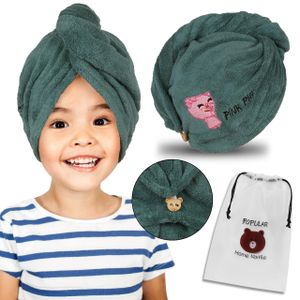 Dunkelgrünes Kinder Turban-Haartuch, Schweinchen-Haartuch