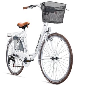 Bergsteiger Paris 28 Zoll Damenfahrrad, ab 160 cm, Korb, Fahrrad-Licht, Shimano 6 Gang-Schaltung, Damen-Citybike, Damenrad im Retro-Design