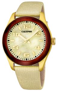 Calypso K5653 Damenuhr analog Quarz mit Leder/Textilarmband, Farbe:golden