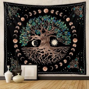 Baum des Lebens Wandteppich, Mond und Sonne Schwarz Wandbehang, Psychedelisches Mandala Sternenhimmel Wandtuch, Hippie Wanddekoration für Schlafzimmer