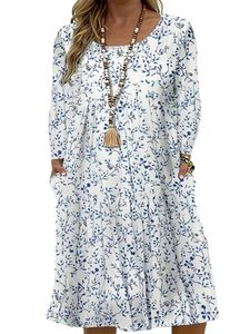 Damen Sommerkleider Langarm/Kurzarm Kleid Hawaii Minikleid Freizeitkleider Strandkleid Blau Langarm,S