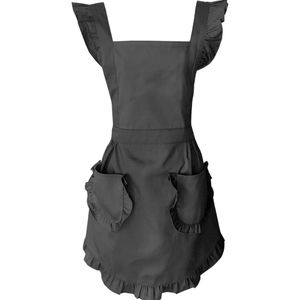 Verstellbare Retro-Rüschenschürze mit Taschen, kleine bis große Damen, schwarz