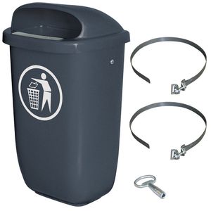 50 Liter Müllbehälter anthrazit im Komplettset, Schellenband zur Pfahlbefestigung