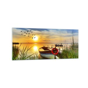 Bilder auf glas - Boot See Sonnenuntergang Sommer Menschen - 120x50cm - Glasbilder - Wandbilder - Kunstdruck - Wanddekoration aus Glas - Glas Bilder - Wandbild auf Glas - GAB120x50-3053