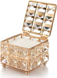 Kristall Kosmetischer Aufbewahrungsbehälter, Kleine Kosmetikbox mit Deckel für Wattepadspender & Wattestäbchen Halter, Quadratische Make-up Aufbewahrungsbox mit Rautenmuster (Golden)