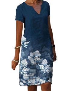 Damen Kurzarm Kleid Retro Kleider Vintage V-Ausschnitt Sommer Strand Sommerkleid Blau,Größe XL
