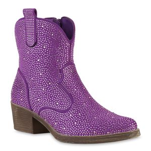 VAN HILL Damen Cowboy Boots Stiefeletten Spitze Strass Western Schuhe 840903, Farbe: Lila, Größe: 41