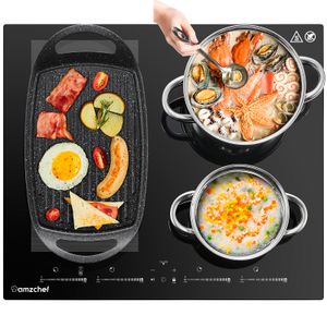 Amzchef Induktionskochfeld, Induktionskochplatte mit Flexzonen für BBQ, 4 Boost-Zonen und 9 Stufen, 7400W