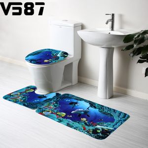 3-teiliges Badezimmer Teppich-Set, rutschfeste Microfaser, zottel, weich, Badematte, Kontur Badematte, Toilettensitzbezug Blau