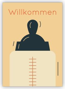Schicke Designer Retro Baby Glückwunschkarte zur Geburt mit Vintage Milchfläschchen: Willkommeny