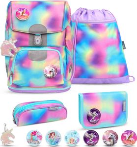 Belmil Motion ergonomisches Schulranzen Set 5-teilig "Rainbow Color" aus recyceltem Material mit Brustgurt, Hüftgurt, Magnetverschluss, Patch Set 6 Stück