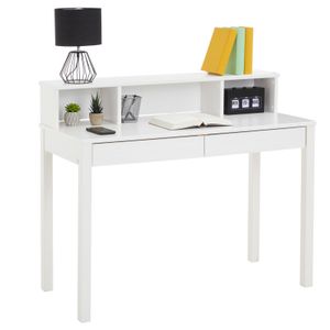 Sekretär LENNOX, schöner Schreibtisch mit 3 Nischen, praktischer PC Tisch mit 2 Schubladen, zeitloser Computertisch aus massiver Kiefer in weiß