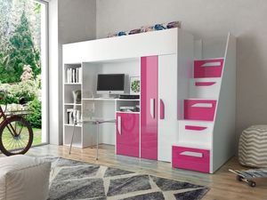 Kinderbett SK-PAR 14, Inkl. Schreibtisch, Kleiderschrank und Treppe rechts, Farbe Weiß-Pink