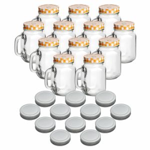 gouveo 12er Set Trinkgläser 450 ml mit Deckel orange, silberfarben - Trinkglas mit Henkel und Drehverschluss - Henkelgläser mit Deckel
