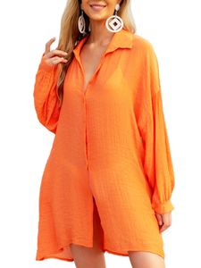 Damen Strandkleider Botton Down Shirt Casual Beach Cover Up Chiffon Blusen Sommershirt Farbe Orange,Größe S