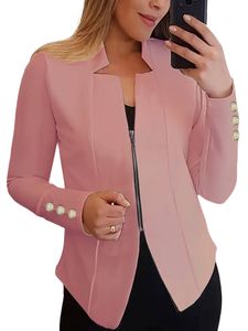 Damen Blazer Langarm Outwear Solide Farbe Casual Zip Up Arbeit Outdoor Mantel Jacken Rosa,Größe M