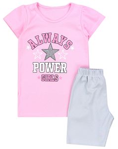 TupTam Kinder Mädchen Schlafanzug Set Kurzarm Pyjama Nachtwäsche 2-teilig Sommer, Farbe: ALWAYS Power Girls Rosa / Grau, Größe: 140