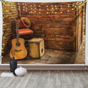 ABAKUHAUS Musik Wandteppich, Holzbühne Pub Cafe, Wohnzimmer Schlafzimmer Heim Seidiges Satin Wandteppich, 200 x 150 cm, Dunkelorange Sandbraun Bernstein