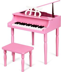 GOPLUS 30 Tasten Kinder Keyboard mit Hocker, Kinderklavier mit Notenständer & massiven Birkenholzbeinen, Musikalisches Klavierspielzeug für Kinder von 3-8 Jahren (Rosa)