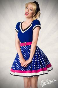 Belsira Damen Retro Vintage Kleid Rockabilly Sommerkleid 50s 60s Partykleid mit Gürtel, Größe:3XL, Farbe:blau/rosa/weiß